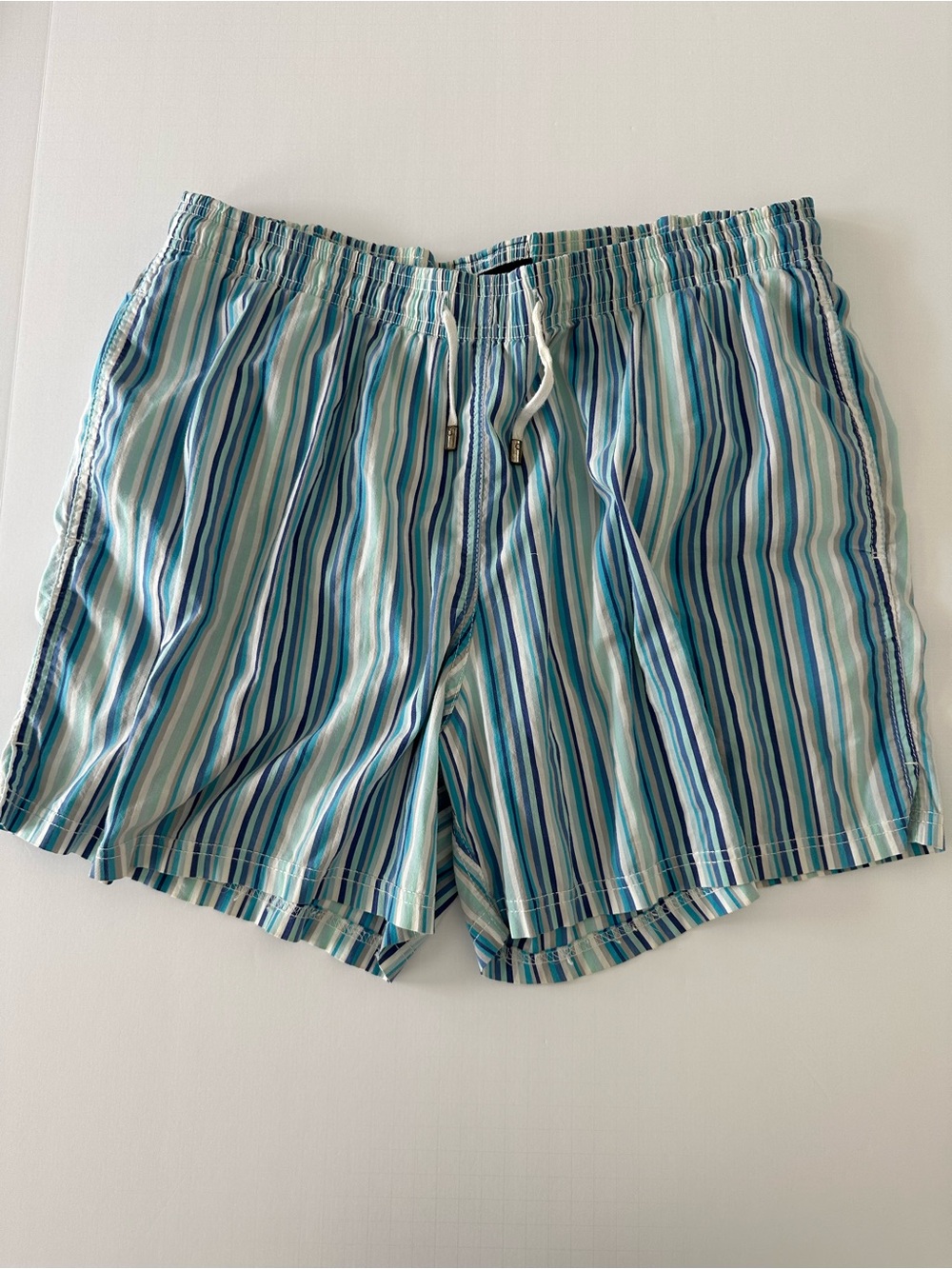 Faconnable Teal and Navy Striped Swim Trunks Size M (Runs Large)
